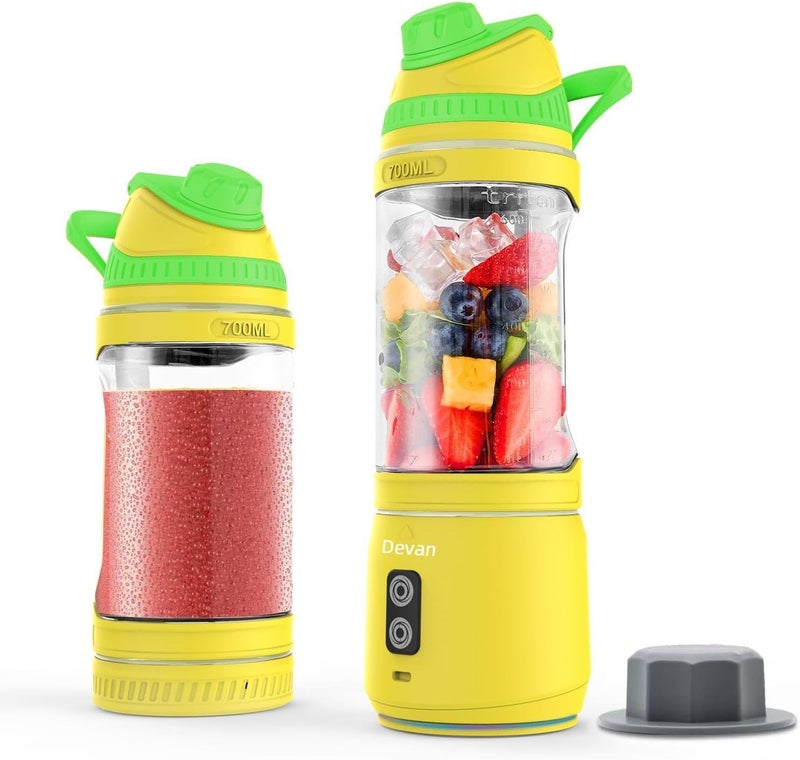 Devan Portable Blender, Anti-Jamming 300 Watt for Shakes and Smoothies, 24oz Travel Blender USB Rechargeable, BPA Free Sporty bottle with a Travel Lid. (Black Base Grey Lid) (Yellow Base Green Lid) - Image 1